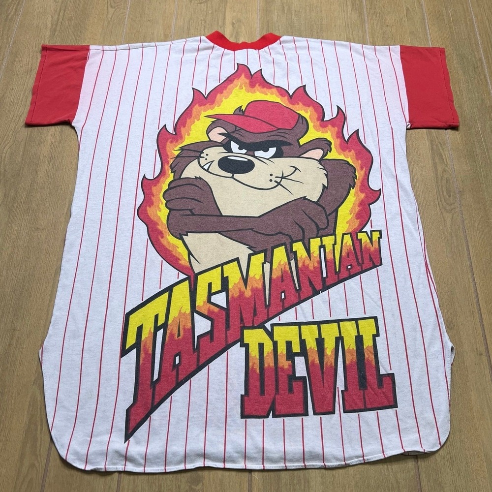 Looney Tunes Jersey Mens XL White Taz Tasmanian Devil Vintage 90s Pinstripe 1992